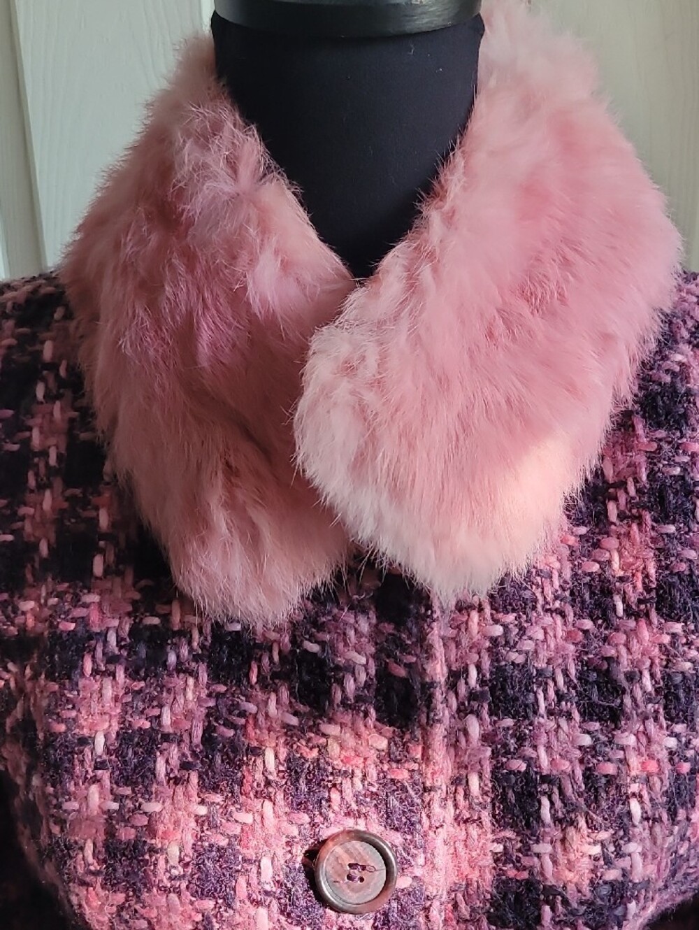 Guess Pink and PURPLE Houndstooth RABBIT Fur Trim Pea Coat SIZE M 45% WOOL - Picture 4 of 15